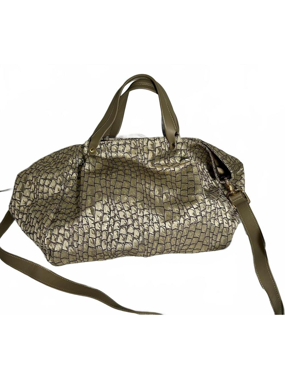Jim Thompson Metallic Jacquard Bag Taupe Leather Shoulder Strap